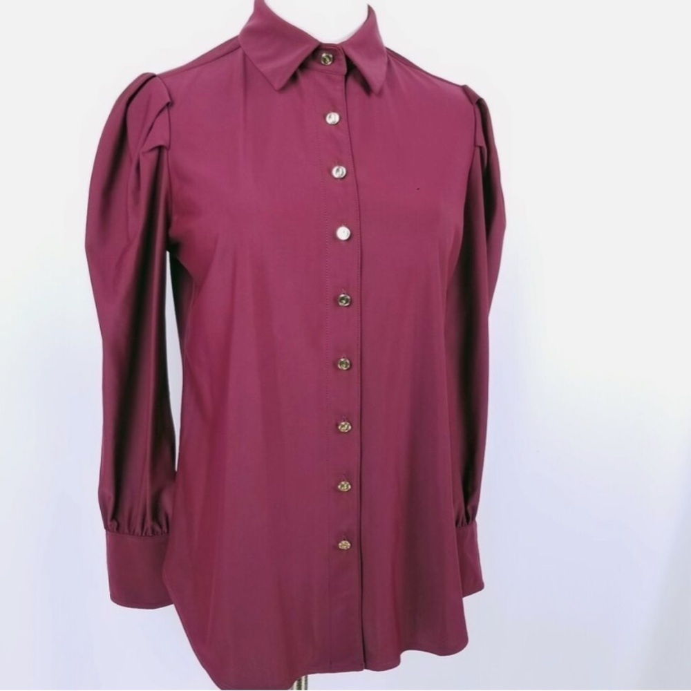 Jude Connally Karmen Button Down Blouse Large Merlot Red Gold Buttons NWT